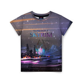 Детская футболка 3D с принтом The Elder Scrolls Skyrim в Ухте, 100% гипоаллергенный полиэфир | прямой крой, круглый вырез горловины, длина до линии бедер, чуть спущенное плечо, ткань немного тянется | art game | art skyrim | forest | game | skyrim | the elder scrolls v skyrim | горы | довакин | древние свитки | игра | лес | небо | скайрим