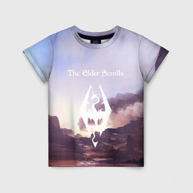 Детская футболка 3D с принтом THE ELDER SCROLLS в Ухте, 100% гипоаллергенный полиэфир | прямой крой, круглый вырез горловины, длина до линии бедер, чуть спущенное плечо, ткань немного тянется | art game | art skyrim | forest | game | skyrim | the elder scrolls v skyrim | горы | довакин | древние свитки | игра | лес | небо | скайрим