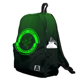 Рюкзак 3D с принтом RAZER в Ухте, 100% полиэстер | лямки с регулируемой длиной, сверху петелька, чтобы рюкзак можно было повесить на вешалку. Основное отделение закрывается на молнию, как и внешний карман. Внутри два дополнительных кармана, один из которых закрывается на молнию. По бокам два дополнительных кармашка | Тематика изображения на принте: 101 | brand | company | gamer | green | logo | mamba | naga | player | razer | rzr | snake | бренд | железо | зеленый | змея | компания | лого | рейзер | софт
