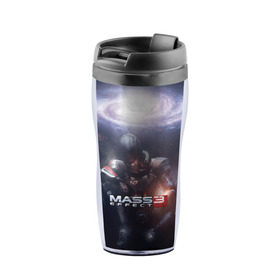 Термокружка-непроливайка с принтом MASS EFFECT 3 в Ухте, внутренняя часть — пищевой пластик, наружная часть — прозрачный пластик, между ними — полиграфическая вставка с рисунком | объем — 350 мл, герметичная крышка | amdromeda initiative | andromeda | game | gun | hemet | n7 | rifle | ryder | soldier | space | star | weapon