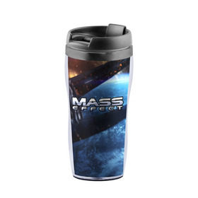 Термокружка-непроливайка с принтом MASS EFFECT в Ухте, внутренняя часть — пищевой пластик, наружная часть — прозрачный пластик, между ними — полиграфическая вставка с рисунком | объем — 350 мл, герметичная крышка | amdromeda initiative | andromeda | game | gun | hemet | n7 | rifle | ryder | soldier | space | star | weapon