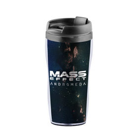 Термокружка-непроливайка с принтом MASS EFFECT ANDROMEDA в Ухте, внутренняя часть — пищевой пластик, наружная часть — прозрачный пластик, между ними — полиграфическая вставка с рисунком | объем — 350 мл, герметичная крышка | amdromeda initiative | andromeda | game | gun | hemet | n7 | rifle | ryder | soldier | space | star | weapon