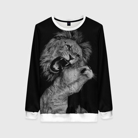 Женский свитшот 3D с принтом Лев и львица в Ухте, 100% полиэстер с мягким внутренним слоем | круглый вырез горловины, мягкая резинка на манжетах и поясе, свободная посадка по фигуре | животные | кот | кошка | лев | львица | оскал | природа | рык | рычит | хищник