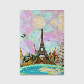 Обложка для паспорта матовая кожа с принтом Туризм в Ухте, натуральная матовая кожа | размер 19,3 х 13,7 см; прозрачные пластиковые крепления | биг бен | египет | земля | кремль | лондон | москва | небо | океан | париж | пиза | пизанская башня | пирамиды | птицы | путешествия | самлет | страна | тайланд | туризм | часы