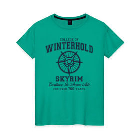 Женская футболка хлопок с принтом Skyrim в Ухте, 100% хлопок | прямой крой, круглый вырез горловины, длина до линии бедер, слегка спущенное плечо | dovahkiin | dragonborn | fus ro dah | skyrim | the elder scrolls | winterhold | винтерхолд | довакин | игры | компьютерные игры | скайрим