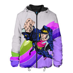 Мужская куртка 3D с принтом Jojo Jotaro в Ухте, ткань верха — 100% полиэстер, подклад — флис | прямой крой, подол и капюшон оформлены резинкой с фиксаторами, два кармана без застежек по бокам, один большой потайной карман на груди. Карман на груди застегивается на липучку | Тематика изображения на принте: adventure | anime | bizzare | jo jo | jojo | logo | manga | аниме | араки | ахегао | джо | джо джо | джоджо | жижа | жожа | жожо | йойо | лого | манга | мульт | мультфильм | отаку | сериал | символ | хирохико | юри | яой
