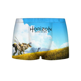 Мужские трусы 3D с принтом Horizon Zero Dawn в Ухте, 50% хлопок, 50% полиэстер | классическая посадка, на поясе мягкая тканевая резинка | Тематика изображения на принте: aloy | game | horizon zero dawn | hunter | machine | mecha | robot | snow | spear | the frozen wilds | weapon | игры | постапокалипсис | роботы | фентези | элой