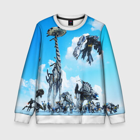 Детский свитшот 3D с принтом Horizon Zero Dawn в Ухте, 100% полиэстер | свободная посадка, прямой крой, мягкая тканевая резинка на рукавах и понизу свитшота | aloy | game | horizon zero dawn | hunter | machine | mecha | robot | snow | spear | the frozen wilds | weapon | игры | постапокалипсис | роботы | фентези | элой