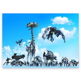 Поздравительная открытка с принтом Horizon Zero Dawn в Ухте, 100% бумага | плотность бумаги 280 г/м2, матовая, на обратной стороне линовка и место для марки
 | Тематика изображения на принте: aloy | game | horizon zero dawn | hunter | machine | mecha | robot | snow | spear | the frozen wilds | weapon | игры | постапокалипсис | роботы | фентези | элой