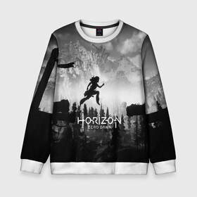 Детский свитшот 3D с принтом Horizon Zero Dawn в Ухте, 100% полиэстер | свободная посадка, прямой крой, мягкая тканевая резинка на рукавах и понизу свитшота | aloy | game | horizon zero dawn | hunter | machine | mecha | robot | snow | spear | the frozen wilds | weapon | игры | постапокалипсис | роботы | фентези | элой