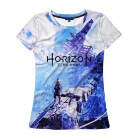 Женская футболка 3D с принтом Horizon Zero Dawn в Ухте, 100% полиэфир ( синтетическое хлопкоподобное полотно) | прямой крой, круглый вырез горловины, длина до линии бедер | aloy | game | horizon zero dawn | hunter | machine | mecha | robot | snow | spear | the frozen wilds | weapon | игры | постапокалипсис | роботы | фентези | элой