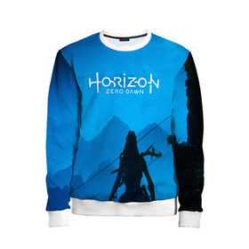Детский свитшот 3D с принтом HORIZON ZERO DAWN в Ухте, 100% полиэстер | свободная посадка, прямой крой, мягкая тканевая резинка на рукавах и понизу свитшота | aloy | game | horizon zero dawn | hunter | machine | mecha | robot | snow | spear | the frozen wilds | weapon | игры | постапокалипсис | роботы | фентези | элой