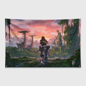 Флаг-баннер с принтом Aloy HZD в Ухте, 100% полиэстер | размер 67 х 109 см, плотность ткани — 95 г/м2; по краям флага есть четыре люверса для крепления | Тематика изображения на принте: aloy | game | horizon zero dawn | hunter | machine | mecha | robot | snow | spear | the frozen wilds | weapon | игры | постапокалипсис | роботы | фентези | элой