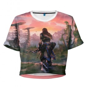 Женская футболка Cropp-top с принтом Aloy HZD в Ухте, 100% полиэстер | круглая горловина, длина футболки до линии талии, рукава с отворотами | Тематика изображения на принте: aloy | game | horizon zero dawn | hunter | machine | mecha | robot | snow | spear | the frozen wilds | weapon | игры | постапокалипсис | роботы | фентези | элой