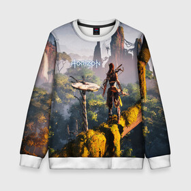 Детский свитшот 3D с принтом HORIZON ZERO DAWN в Ухте, 100% полиэстер | свободная посадка, прямой крой, мягкая тканевая резинка на рукавах и понизу свитшота | aloy | game | horizon zero dawn | hunter | machine | mecha | robot | snow | spear | the frozen wilds | weapon | игры | постапокалипсис | роботы | фентези | элой