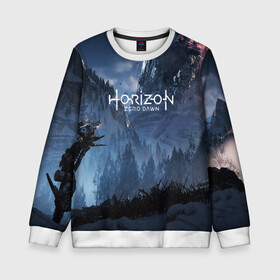 Детский свитшот 3D с принтом HORIZON ZERO DAWN в Ухте, 100% полиэстер | свободная посадка, прямой крой, мягкая тканевая резинка на рукавах и понизу свитшота | aloy | game | horizon zero dawn | hunter | machine | mecha | robot | snow | spear | the frozen wilds | weapon | игры | постапокалипсис | роботы | фентези | элой