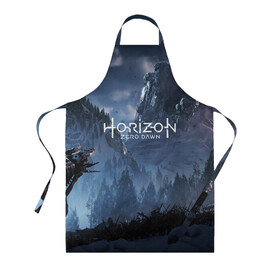 Фартук 3D с принтом HORIZON ZERO DAWN в Ухте, 100% полиэстер | общий размер — 65 х 85 см, ширина нагрудника — 26 см, горловина — 53 см, длина завязок — 54 см, общий обхват в поясе — 173 см. Принт на завязках и на горловине наносится с двух сторон, на основной части фартука — только с внешней стороны | aloy | game | horizon zero dawn | hunter | machine | mecha | robot | snow | spear | the frozen wilds | weapon | игры | постапокалипсис | роботы | фентези | элой