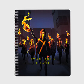 Тетрадь с принтом Twenty one pilots в Ухте, 100% бумага | 48 листов, плотность листов — 60 г/м2, плотность картонной обложки — 250 г/м2. Листы скреплены сбоку удобной пружинной спиралью. Уголки страниц и обложки скругленные. Цвет линий — светло-серый
 | 21 pilots | josh dun | jumpsuit | music | rock | twenty one pilots | tyler joseph | джош дан | музыка | рок | тайлер джозеф