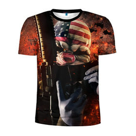 Мужская футболка 3D спортивная с принтом Payday 2 в Ухте, 100% полиэстер с улучшенными характеристиками | приталенный силуэт, круглая горловина, широкие плечи, сужается к линии бедра | chains day | game | gun | mask | payday | payday 2 | payday2 | грабители | зло | игра | клоун | маска | ограбление | оружие | пистолет