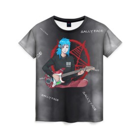 Женская футболка 3D с принтом Sally Face with a Guitar в Ухте, 100% полиэфир ( синтетическое хлопкоподобное полотно) | прямой крой, круглый вырез горловины, длина до линии бедер | fisher | larry johnson | mask | sally  face | sally fisher | sallyface | демоны | духи | маска | пентаграмма | призраки | рок | салли | салли фейс | салли фишер | фейс | шепот