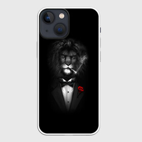 Чехол для iPhone 13 mini с принтом Лев в Ухте,  |  | арт | бабочка | грива | дым | животное | костюм | лев | минимализм | роза | смокинг | хищник | царь зверей