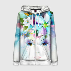 Женская толстовка 3D на молнии с принтом ДЕВУШКА-ВЕСНА в Ухте, 100% полиэстер | длина до линии бедра, манжеты и пояс оформлены мягкой тканевой резинкой, двухслойный капюшон со шнурком для регулировки, спереди молния, по бокам два кармана | art | fantasy | nature | арт | природа | рисунок | фантазия | фентези