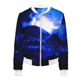 Женский бомбер 3D с принтом Космический закат в Ухте, 100% полиэстер | застегивается на молнию, по бокам два кармана без застежек, мягкие манжеты, по низу бомбера и на воротнике — эластичная резинка | galaxy | nebula | neon | space | star | абстракция | вселенная | галактика | звезда | звезды | космический | неон | неоновый | неоновый космос | планеты