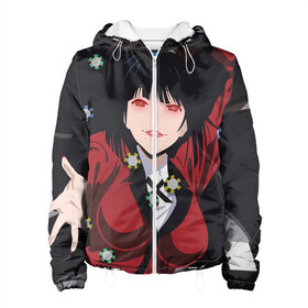 Женская куртка 3D с принтом Kakegurui в Ухте, ткань верха — 100% полиэстер, подклад — флис | прямой крой, подол и капюшон оформлены резинкой с фиксаторами, два кармана без застежек по бокам, один большой потайной карман на груди. Карман на груди застегивается на липучку | anime | compulsive gambler | kakegurui | manga | аниме | безумный азарт | дзябами | карты | манга | покер | скучная девушка | юмэко джабами