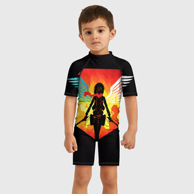 Детский купальный костюм 3D с принтом Окрыленная огненная Микаса в Ухте, Полиэстер 85%, Спандекс 15% | застежка на молнии на спине | attack | titan | аккерман | арлерт | армин | атака | год | йегер | микаса | новый | снежинки | титанов | эрен