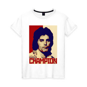 Женская футболка хлопок с принтом We are the Champions в Ухте, 100% хлопок | прямой крой, круглый вырез горловины, длина до линии бедер, слегка спущенное плечо | freddie mercury | queens | квин | квины | куин | о.м.с.к. | рок музыка | фредди меркюри | чемпион