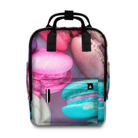 Женский рюкзак 3D с принтом Macaroons в Ухте, 100% полиэстер | лямки с регулируемой длиной, сверху ручки, чтобы рюкзак нести как сумку. Основное отделение закрывается на молнию, как и внешний карман. Внутри два дополнительных кармана, один из которых закрывается на молнию. По бокам два дополнительных кармашка, куда поместится маленькая бутылочка
 | almond | cookie | dessert | food | macaroons | maccarone | maccherone | десерт | еда | макарон | макарони | макароны | макарун | макаруны | миндаль | миндальный | орех | печенье | сладкое | сладости