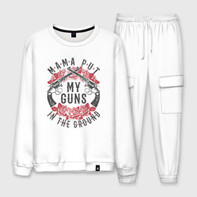 Мужской костюм хлопок с принтом Mama Put My Guns In The Ground в Ухте, 100% хлопок | на свитшоте круглая горловина, мягкая резинка по низу. Брюки заужены к низу, на них два вида карманов: два “обычных” по бокам и два объемных, с клапанами, расположенные ниже линии бедра. Брюки с мягкой трикотажной резинкой на поясе и по низу штанин. В поясе для дополнительного комфорта — широкие завязки | Тематика изображения на принте: axl | bob dylan | duff | guns n roses | rock | slash