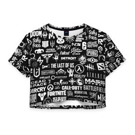Женская футболка 3D укороченная с принтом ЛОГОТИПЫ ИГР в Ухте, 100% полиэстер | круглая горловина, длина футболки до линии талии, рукава с отворотами | counter str | cyberpunk 2077 | death stranding | detroit become human | far cry | fortnite | overwatch | rainbow six siege | rdr2 | red dead redemption 2 | starfield | team liquid | the last of us | warframe | watch dogs 2 | world 