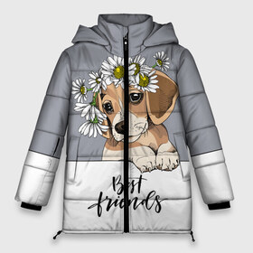 Женская зимняя куртка 3D с принтом Best friend в Ухте, верх — 100% полиэстер; подкладка — 100% полиэстер; утеплитель — 100% полиэстер | длина ниже бедра, силуэт Оверсайз. Есть воротник-стойка, отстегивающийся капюшон и ветрозащитная планка. 

Боковые карманы с листочкой на кнопках и внутренний карман на молнии | backgroun | best | breed | daisies | dog | flowers | friend | green | kid | puppy | wreath | венок | графика | друг | зелёный | картинка | красивый | крутой | лучший | малыш | мода | модный | молодёжная | порода | рисунок | ромашки | собака