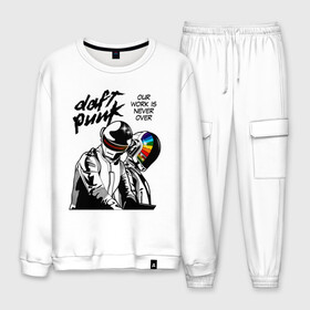 Мужской костюм хлопок с принтом Daft Punk в Ухте, 100% хлопок | на свитшоте круглая горловина, мягкая резинка по низу. Брюки заужены к низу, на них два вида карманов: два “обычных” по бокам и два объемных, с клапанами, расположенные ниже линии бедра. Брюки с мягкой трикотажной резинкой на поясе и по низу штанин. В поясе для дополнительного комфорта — широкие завязки | daft punk | electronic | house | human | music | robot | дафт панк | музыка | синти поп | хаус | электроника