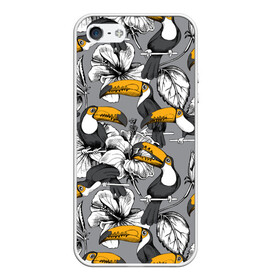 Чехол для iPhone 5/5S матовый с принтом Туканы в Ухте, Силикон | Область печати: задняя сторона чехла, без боковых панелей | Тематика изображения на принте: background | birds | exotic | flowers | gray | jungle | toucans | woodpeckers | абстракция | графика | джунгли | дятловые | искусство | картинка | коллаж | красивый | крутой | мода | модный | молодёжная | птицы | рисунок | серый | стиль