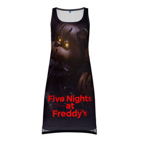 Платье-майка 3D с принтом Five Nights at Freddy`s в Ухте, 100% полиэстер | полуприлегающий силуэт, широкие бретели, круглый вырез горловины, удлиненный подол сзади. | five nights at freddy s | game | horror | игры | механические куклы | ночь | охранник | пять ночей у фредди | светящиеся глаза | ужас