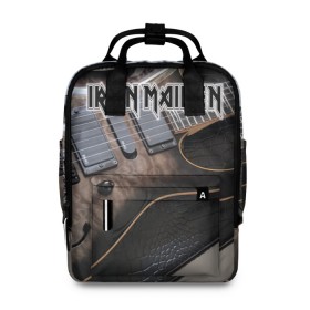 Женский рюкзак 3D с принтом Iron Maiden в Ухте, 100% полиэстер | лямки с регулируемой длиной, сверху ручки, чтобы рюкзак нести как сумку. Основное отделение закрывается на молнию, как и внешний карман. Внутри два дополнительных кармана, один из которых закрывается на молнию. По бокам два дополнительных кармашка, куда поместится маленькая бутылочка
 | бас | британия | брюс дикинсон | гитара | группа | дева | железная | метал | нико макбрэйн | рок | стив харрис | хеви | яник герс