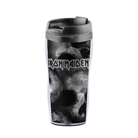 Термокружка-непроливайка с принтом Iron Maiden в Ухте, внутренняя часть — пищевой пластик, наружная часть — прозрачный пластик, между ними — полиграфическая вставка с рисунком | объем — 350 мл, герметичная крышка | бас | британия | брюс дикинсон | гитара | группа | дева | железная | метал | нико макбрэйн | рок | стив харрис | хеви | яник герс