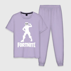 Мужская пижама хлопок с принтом FORTNITE x MARSHMELLO в Ухте, 100% хлопок | брюки и футболка прямого кроя, без карманов, на брюках мягкая резинка на поясе и по низу штанин
 | 2019 | armor | armour | cybersport | esport | fortnite | game | llama | logo | броня | игра | киберспорт | лама | фиолетовый | фирменные цвета | фортнайт