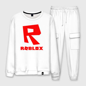 Мужской костюм хлопок с принтом ROBLOX в Ухте, 100% хлопок | на свитшоте круглая горловина, мягкая резинка по низу. Брюки заужены к низу, на них два вида карманов: два “обычных” по бокам и два объемных, с клапанами, расположенные ниже линии бедра. Брюки с мягкой трикотажной резинкой на поясе и по низу штанин. В поясе для дополнительного комфорта — широкие завязки | game | gamer | logo | minecraft | roblox | simulator | игра | конструктор | лого | симулятор | строительство | фигура
