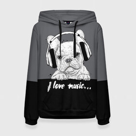 Женская толстовка 3D I love music…: в Ухте, 100% полиэстер  | двухслойный капюшон со шнурком для регулировки, мягкие манжеты на рукавах и по низу толстовки, спереди карман-кенгуру с мягким внутренним слоем. | animal | black | breed | dog | drawing | fon | graphics | gray | head | headphones | i | inscription | look | love | music | muzzle | text | взгляд | голова | графика | животное | люблю | музыка | надпись | наушники | порода | рисунок | серый | со