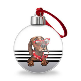 Ёлочный шар с принтом Такса в очках в Ухте, Пластик | Диаметр: 77 мм | animal | black | breed | dachshund | dog | domestic | drawing | gra | polka | red | shawl | stripes | white | белый | горошек | графика | домашняя | животное | красный | надпись | очки | платок | полосы | порода | рисунок | собака | такса | текс