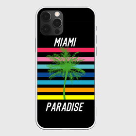 Чехол для iPhone 12 Pro Miami Paradise: в Ухте, силикон | область печати: задняя сторона чехла, без боковых панелей | america | city | colorful | drawing | grap | miami | palm tree | paradise | recreation | resort | stripes | tree | usa | world | америка | город | графика | дерево | курорт | майами | мировой | надпись | отдых | пальма | полосы | разноцветные | рай | рису