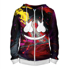 Мужская толстовка 3D на молнии с принтом Marshmello в Ухте, 100% полиэстер | длина до линии бедра, манжеты и пояс оформлены мягкой тканевой резинкой, двухслойный капюшон со шнурком для регулировки, спереди молния, по бокам два кармана | christopher comstock | dj | marshmello | music | диджей | клубная музыка | клубняк | крис комсток | логотип | маршмэллоу | музыка