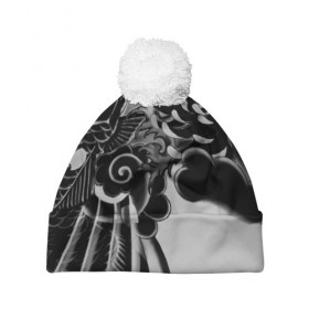 Шапка 3D c помпоном с принтом Dsquared tattoo black в Ухте, 100% полиэстер | универсальный размер, печать по всей поверхности изделия | dsquared tattoo | тату | татуировки