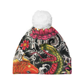 Шапка 3D c помпоном с принтом Dsquared tattoo в Ухте, 100% полиэстер | универсальный размер, печать по всей поверхности изделия | dsquared tattoo | тату | татуировки