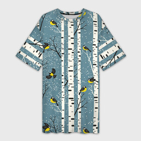 Платье-футболка 3D Синички на берёзах: в Ухте,  |  | bir | birds | branches | fly | sit | tits | акварель | берёзы | ветки | графика | зима | идёт | иллюстрация | картинка | кузнечик | летят | мода | молодежная | мороз | новый год | птицы | рисунок | рождество | сидят | синий