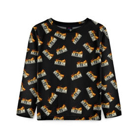 Детский лонгслив 3D с принтом Горящие баксы в Ухте, 100% полиэстер | длинные рукава, круглый вырез горловины, полуприлегающий силуэт
 | банкноты | валюта | деньги | доллар | купюра | огонь | пламя | улица | финансы