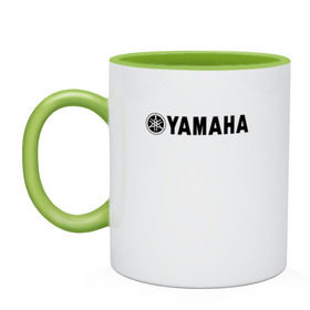 Кружка двухцветная с принтом YAMAHA в Ухте, керамика | объем — 330 мл, диаметр — 80 мм. Цветная ручка и кайма сверху, в некоторых цветах — вся внутренняя часть | Тематика изображения на принте: bike | moto | motorcycle | r1 | r6 | yamaha | байк | мото | мотоциклы | ямаха